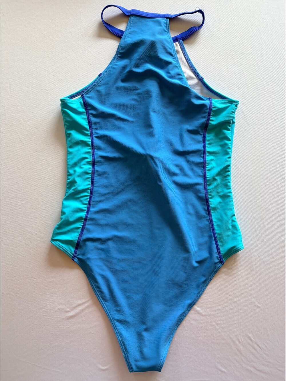 Women's Blue Turquoise Colorblock High Neck Zip One Piece Swimsuit